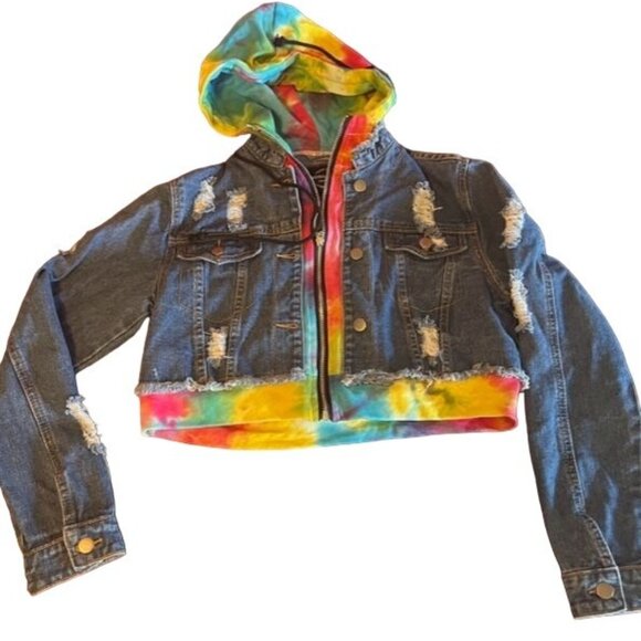 American Bazi Hooded‎ Denim women Jacket With Tie-Dye Trim cropped distressed - Picture 1 of 6